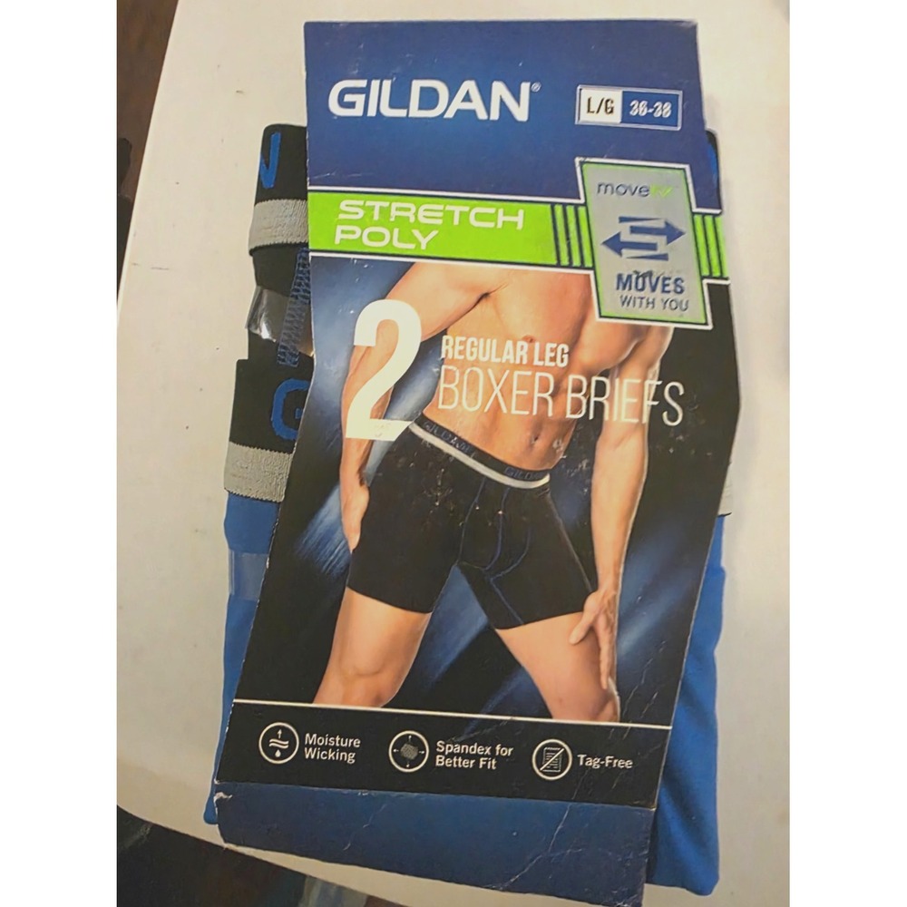 Gildan‎ Men's REG Leg Boxer Briefs Stretch POLY 2 PK Large 36-38 BLK/ BLUE  NWT